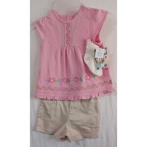 Little Me Baby Girl Outfit Set 24 Months Pink Top Shorts Socks Flowers Spring